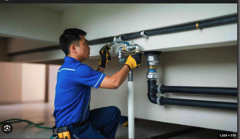 Plumber working on pipes